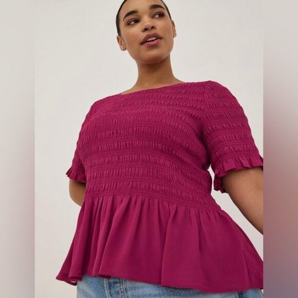 Women’s torrid 3 Beet Red Boat Neck Peplum Chiffon Smocked Top 22 24 3X XXXL 3XL - Picture 7 of 14